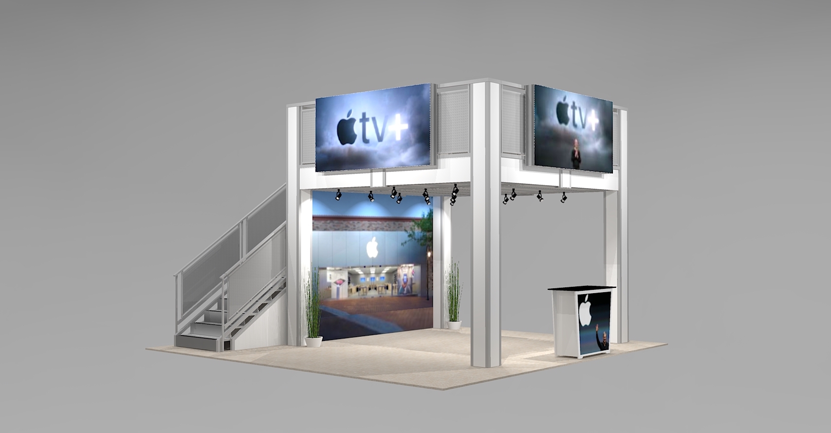 Trade Show Double Deck for 20x20 Space with Open Floor Plan and Backlit Logo Signs