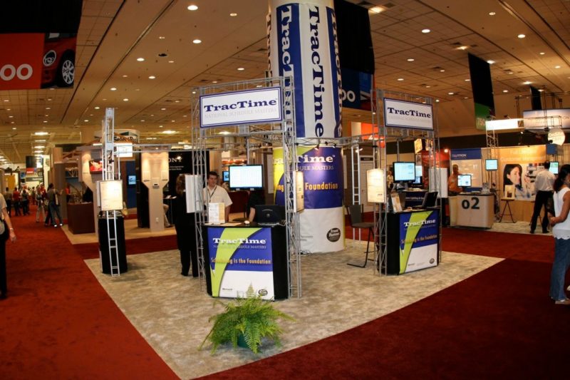 Island trade show exhibit with workstations