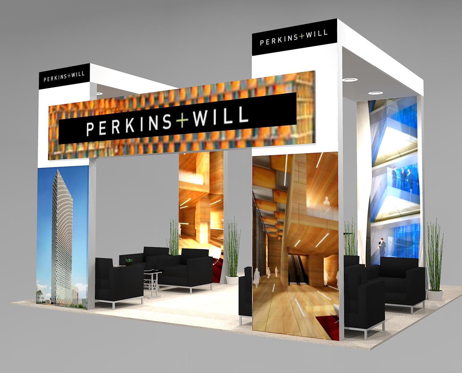 Contemporary trade show exhibit rental design for 20 ft island booth space