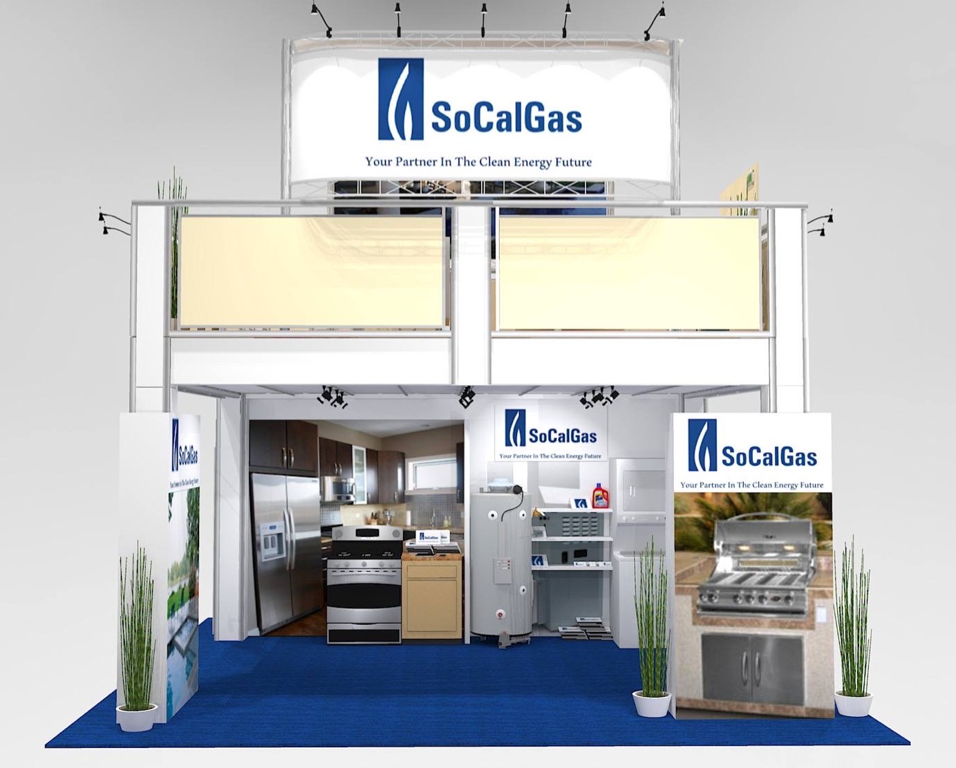 Exhibit Signage On Railing Trade Show Double Deck Exhibit Design Ideas - Backlit Logo Graphics